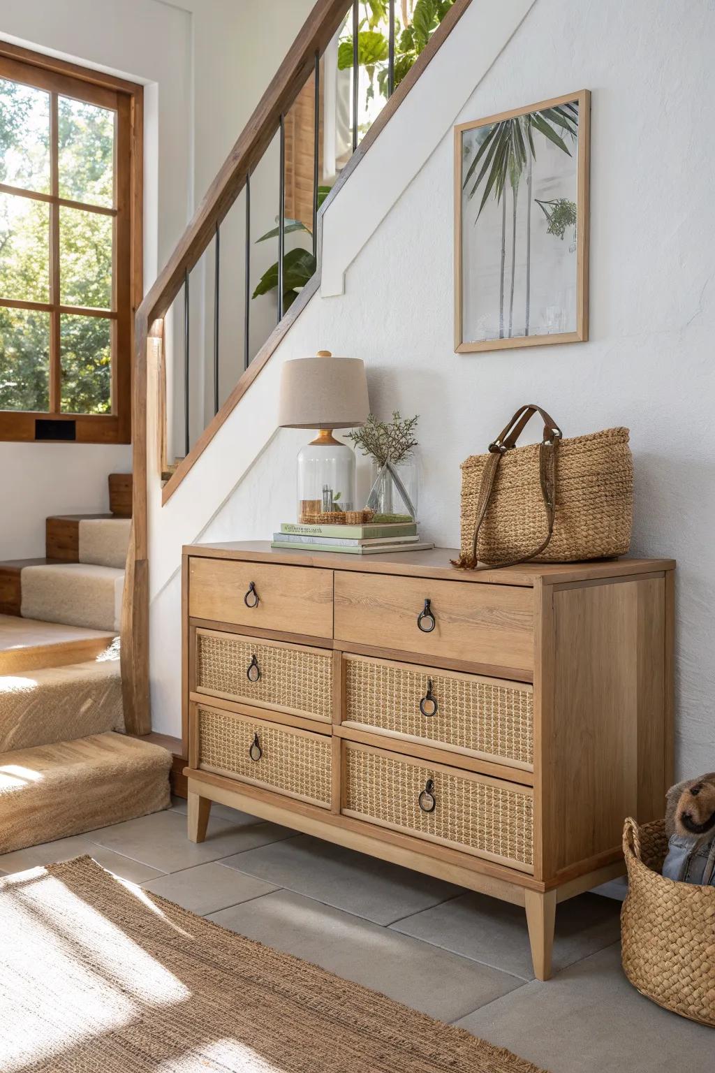 A handcrafted oak chest on the staircase landing—turning dead wall space into a chic drop zone.