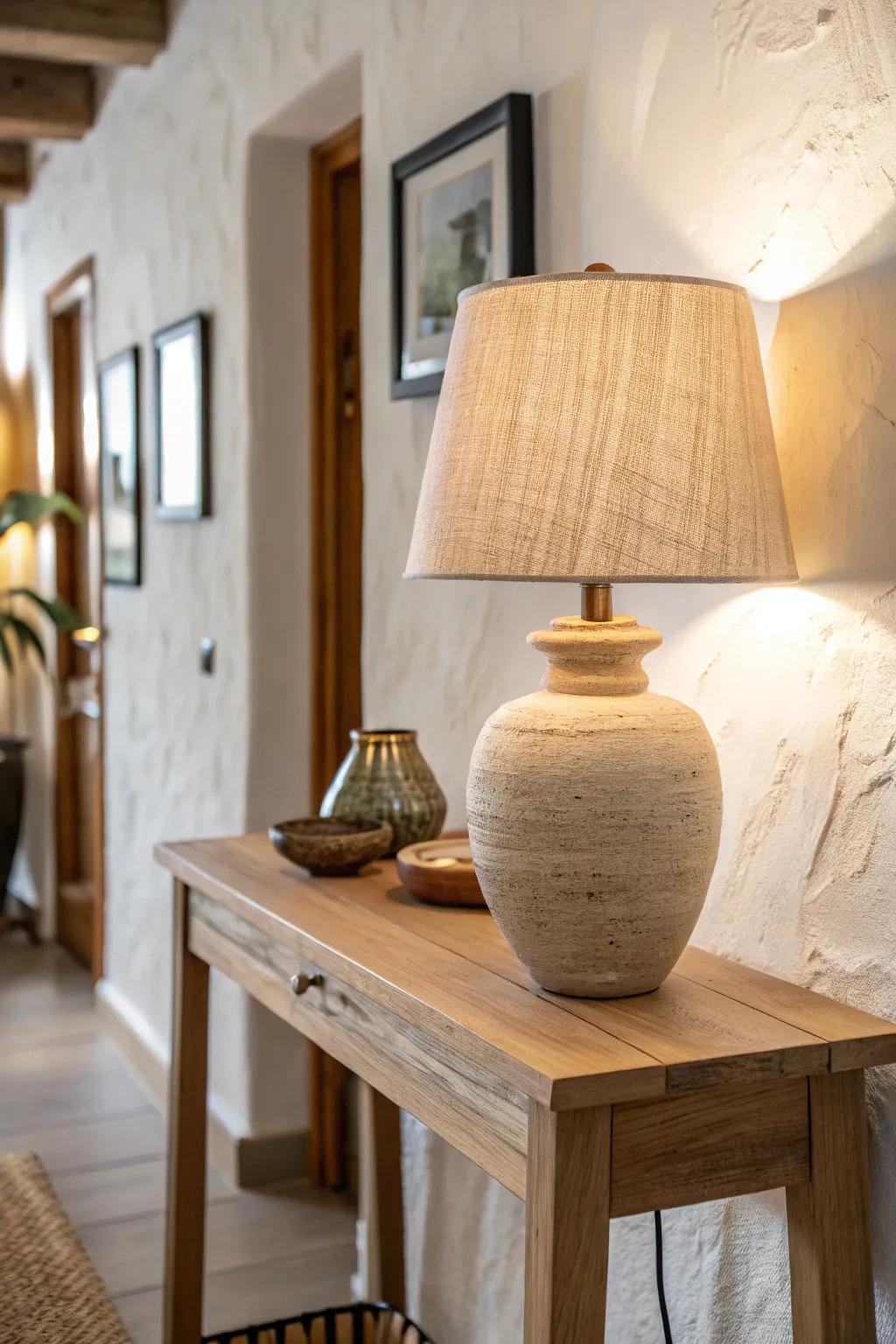 A warm table lamp on a slim console turns a narrow entryway into a soft, cozy welcome.