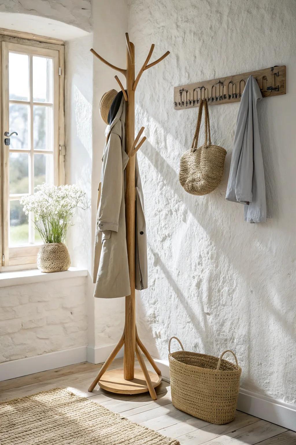 A tall corner coat stand adds vertical storage without crowding your entryway.