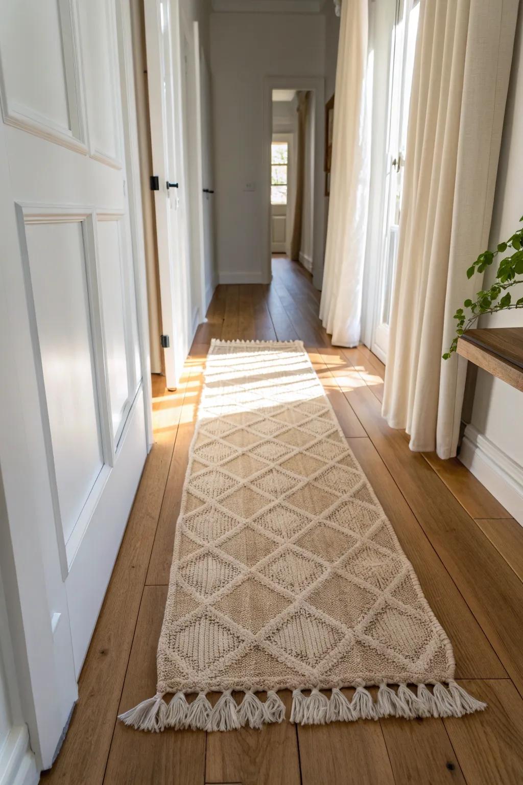 A low-pile runner rug instantly defines an entry zone—clean, cozy, and rain-season practical.