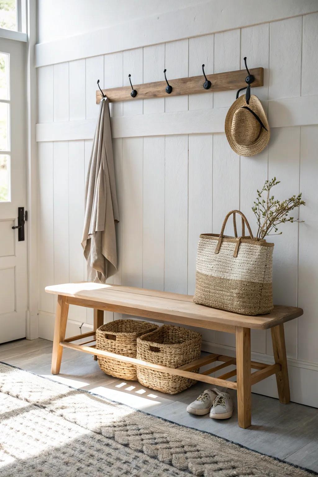 A slim bench + simple hooks turn one small wall into a calm, hardworking mini mudroom.