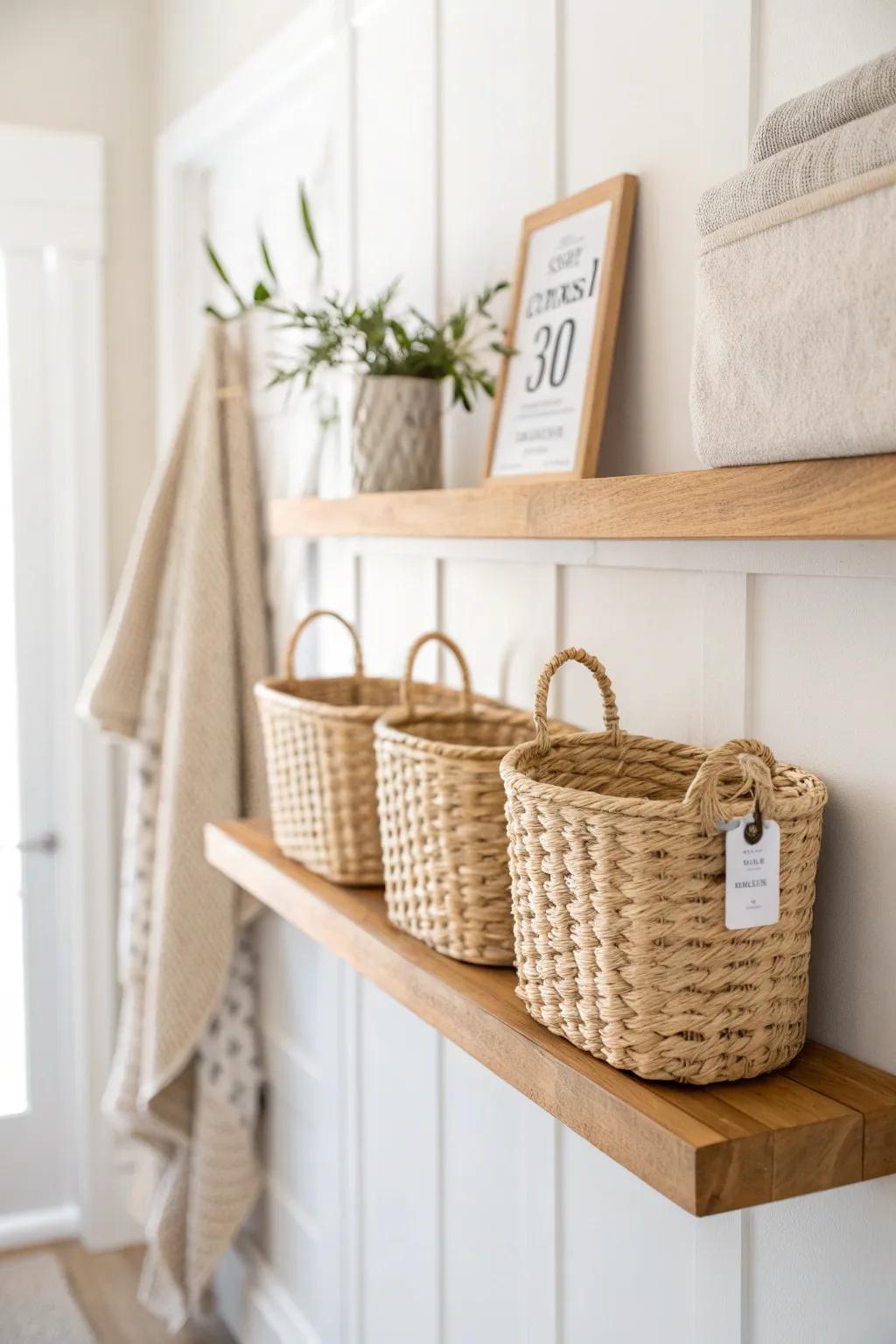 Upper shelf + woven baskets: the quickest way to hide hats, gloves, and entryway clutter.