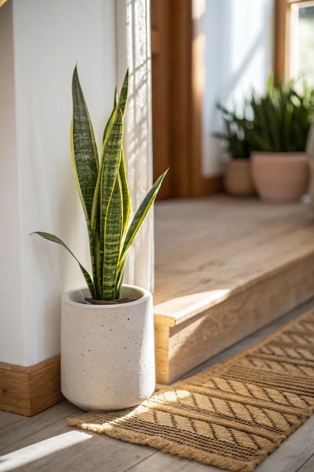 A slim snake plant adds height, calm, and greenery without stealing precious entryway space.