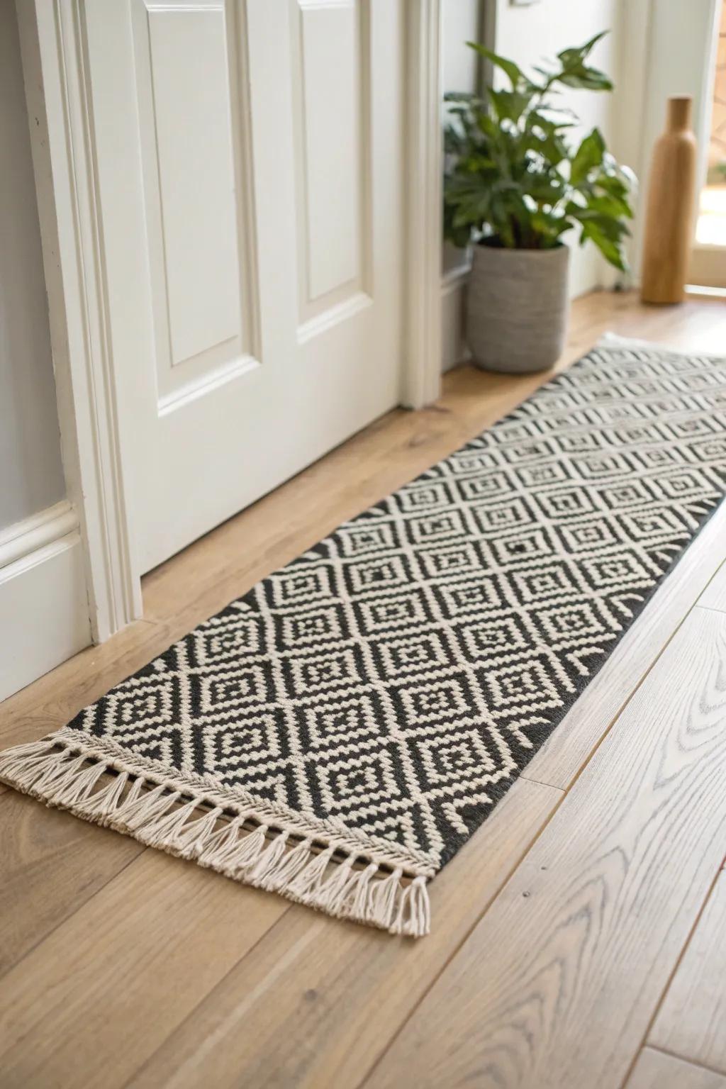 Classic black-and-white runner that brightens a dim entryway with crisp, timeless contrast.