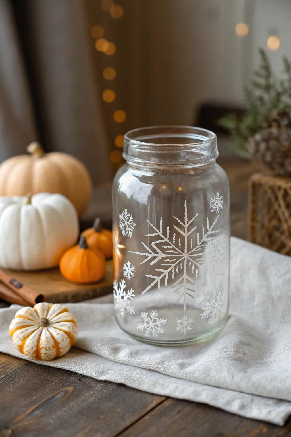 Elevate your holiday decor with charming etched glass jars, perfect for adding a simple yet elegant touch to festive celebrations.