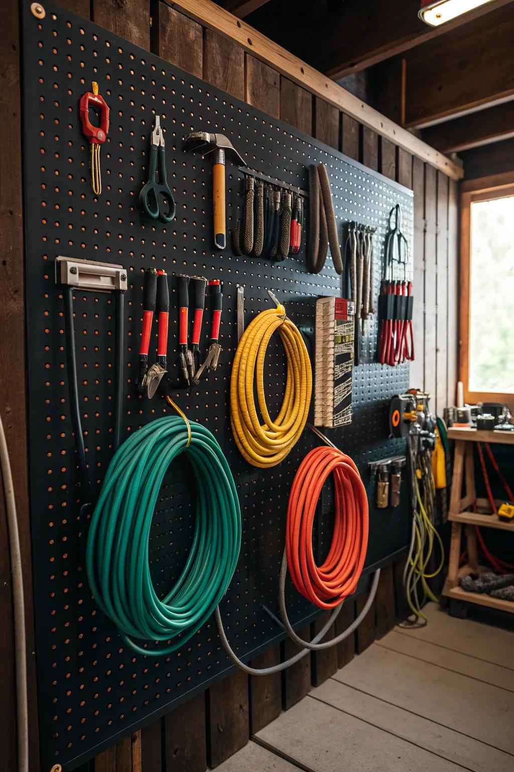 Master the art of organization with this pegboard solution for your extension cords and tools.