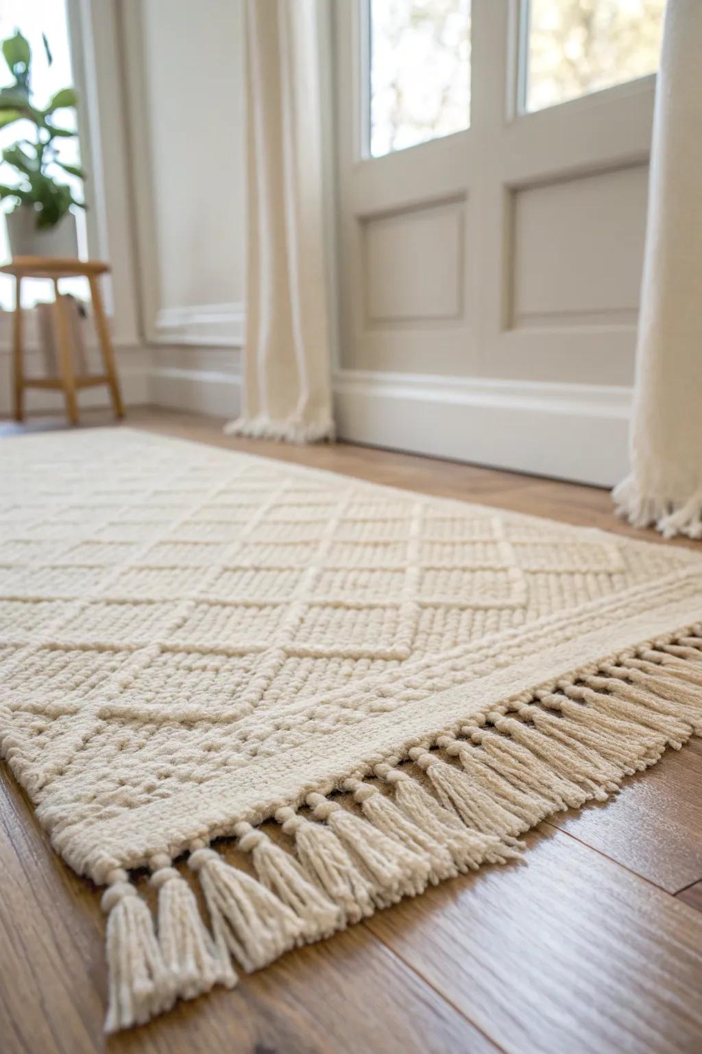 Light walls + a nubby cream rug add warmth and depth to a tiny living room without clutter.
