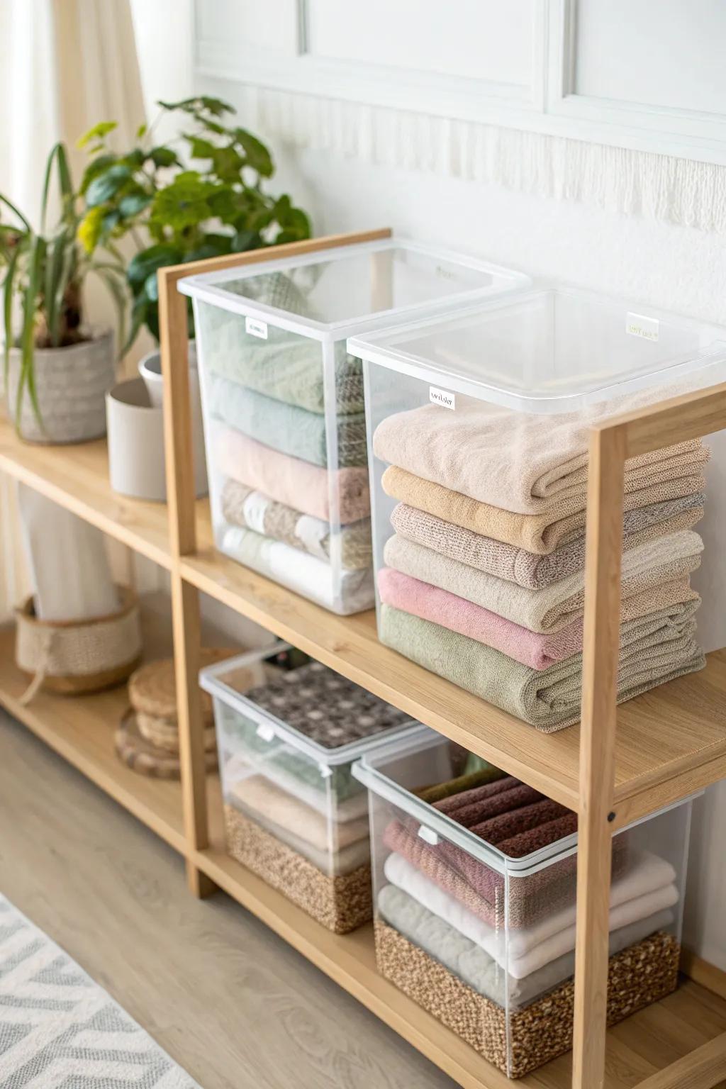 Effortless elegance: Organize your fabric collection with clear storage bins for a stunning and functional display.