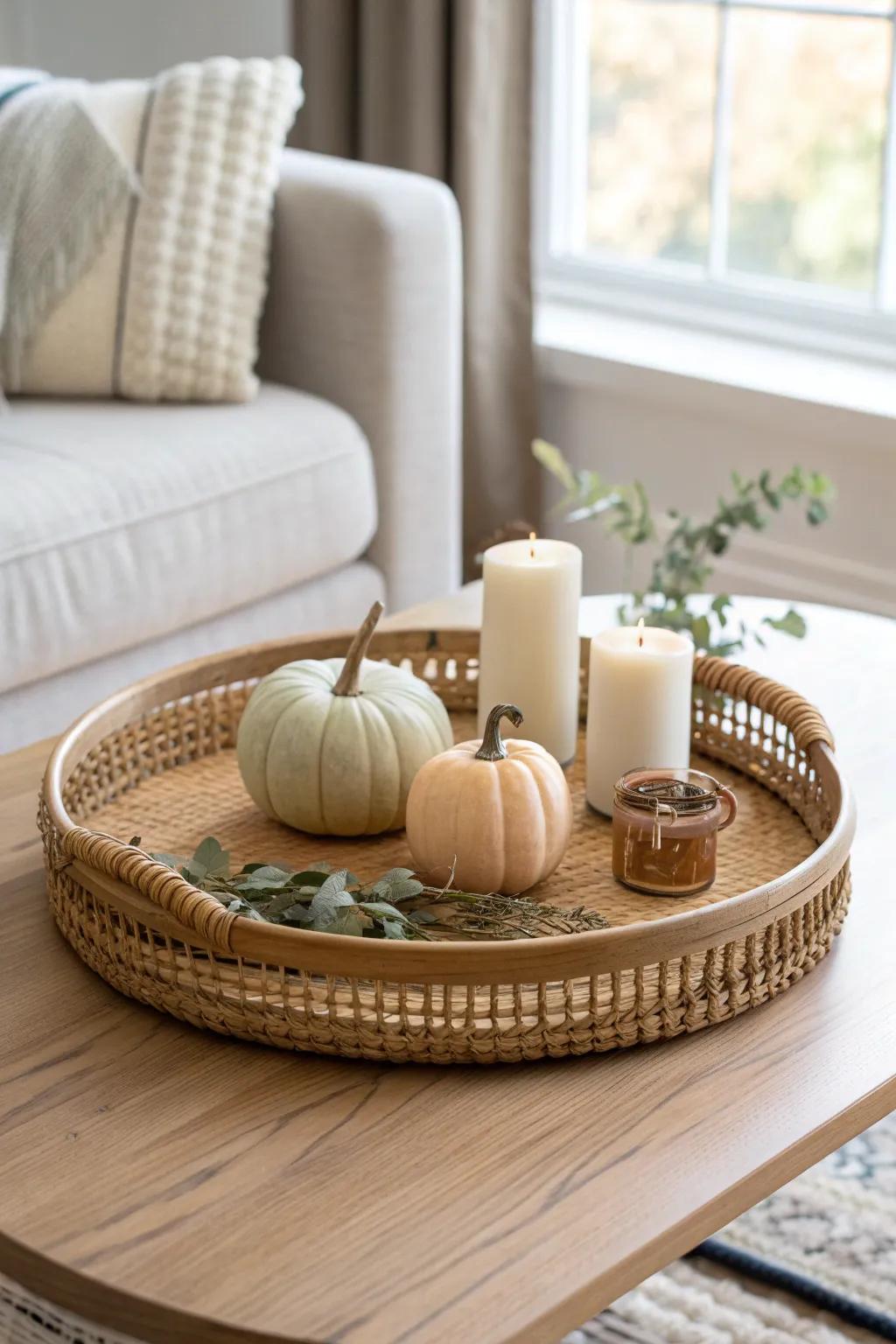 A cozy fall tray: mini pumpkins, a candle, and natural filler—styled, not cluttered.