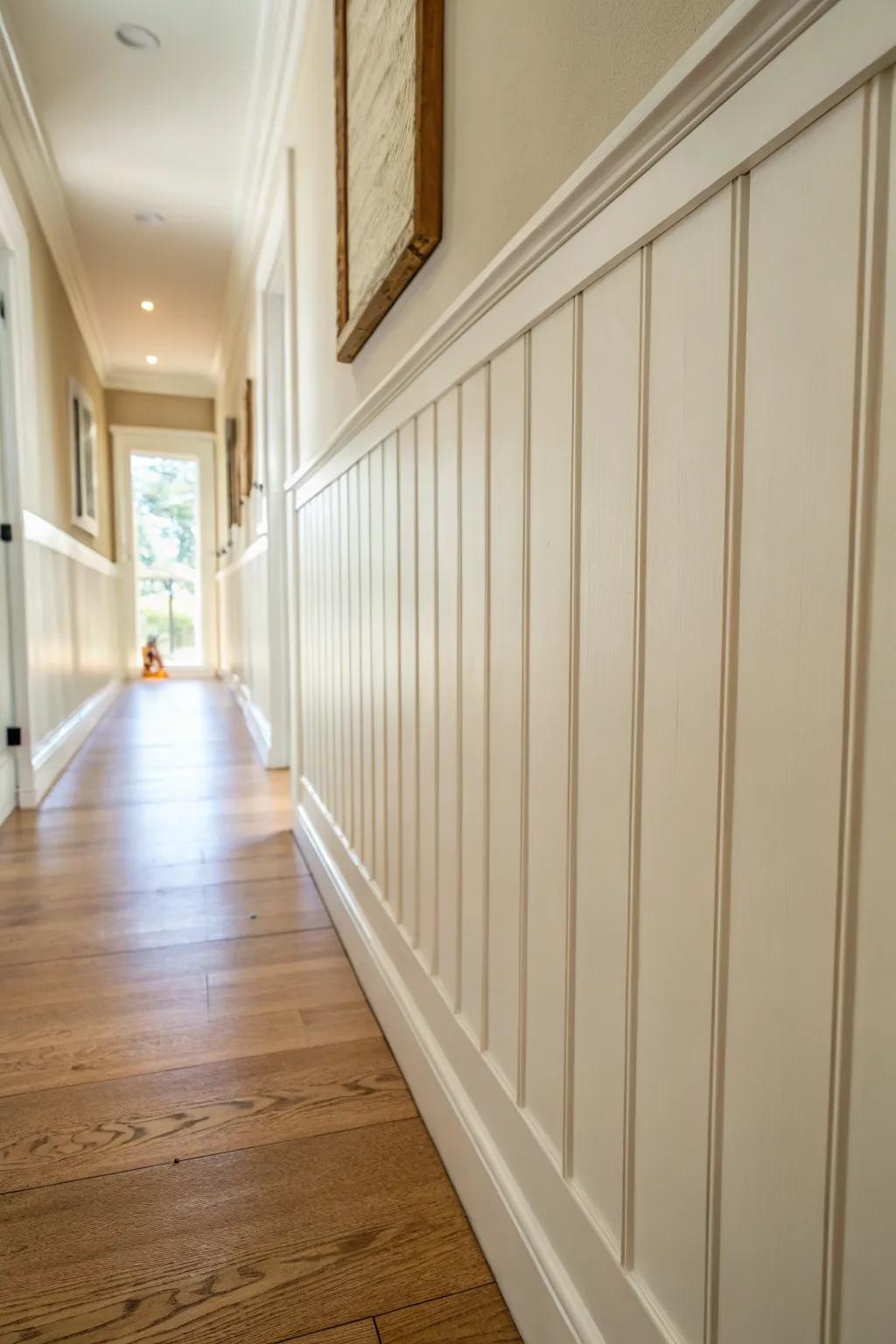 Board-and-batten wainscoting adds instant farmhouse polish and helps hide hallway scuffs.