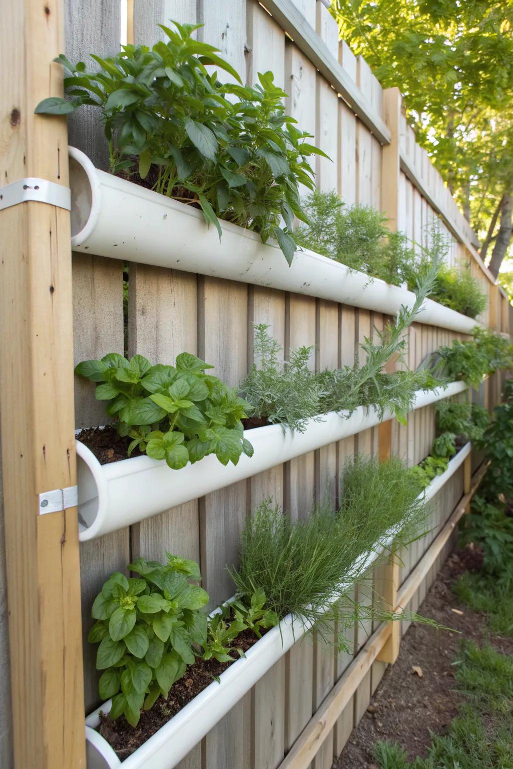 Transform your fence into a stylish herb sanctuary with upcycled gutter planters!