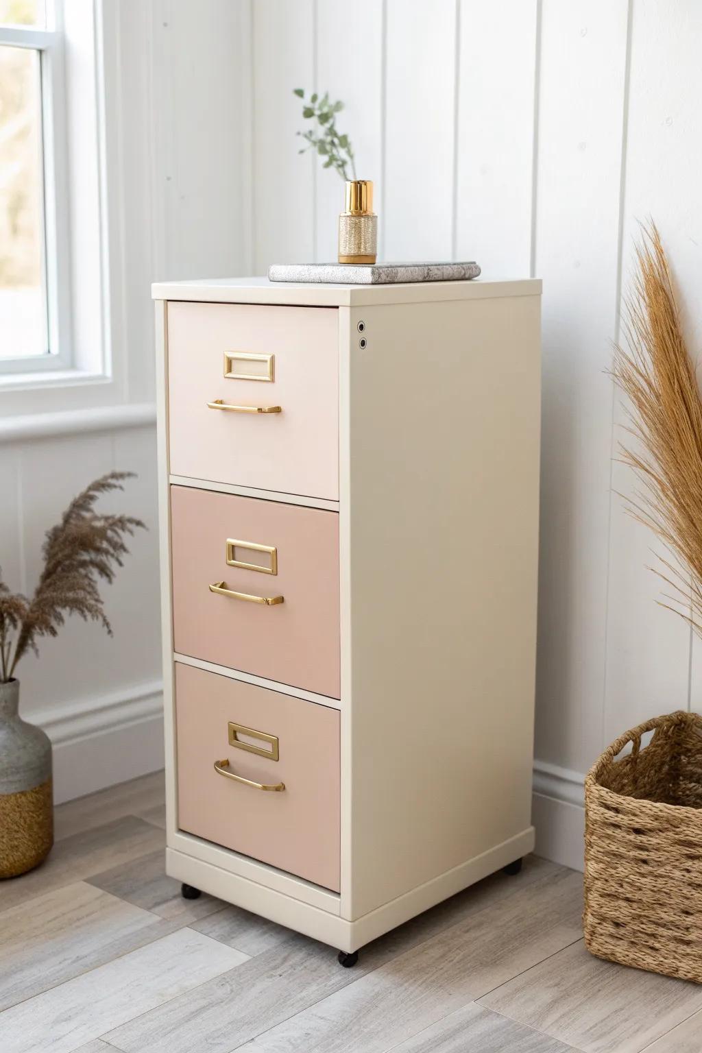Two-tone color-block file cabinet makeover: greige body + blush drawers for a lighter look.