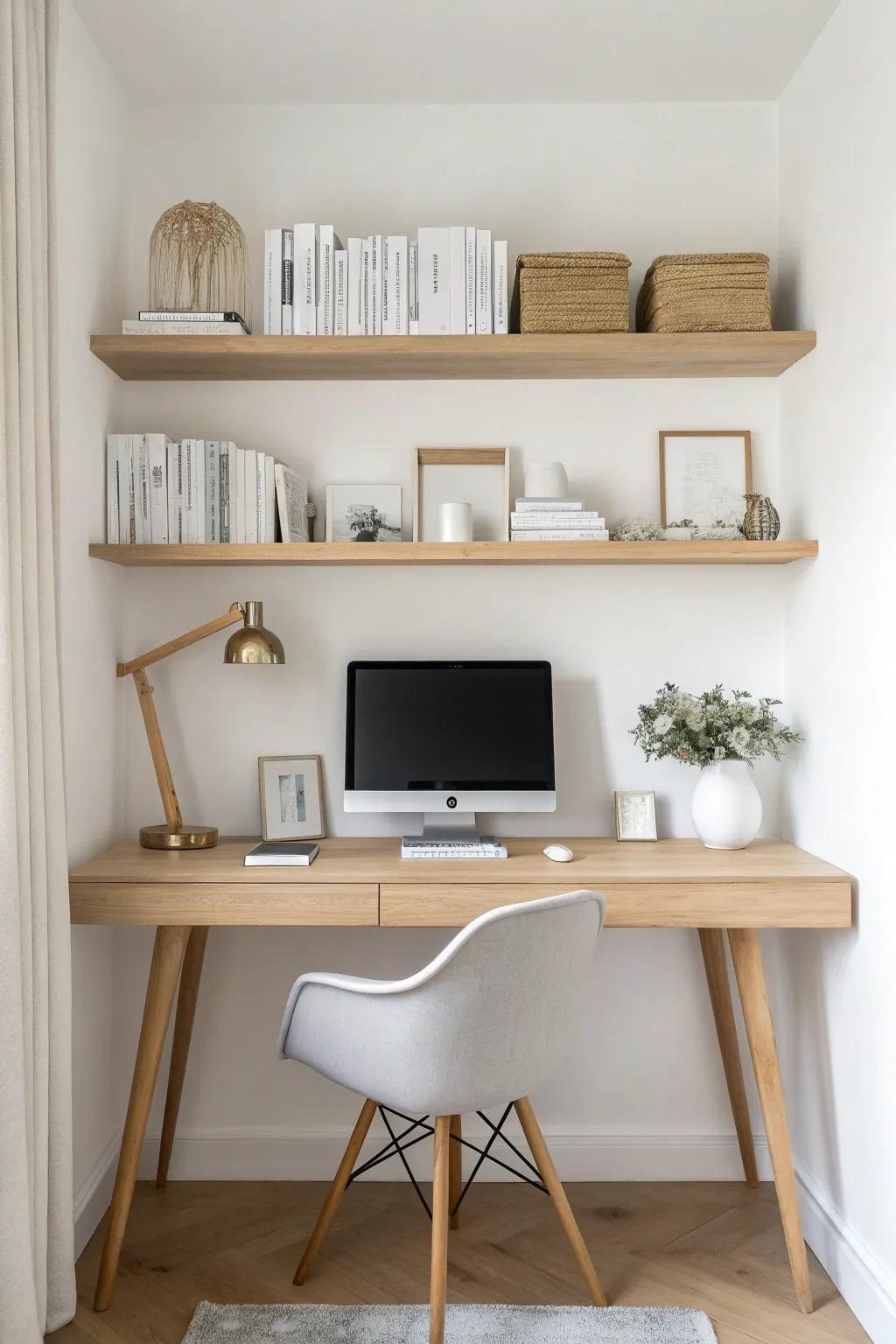 Symmetrical floating shelves above your desk create a calm, tidy nook—even in small spaces.