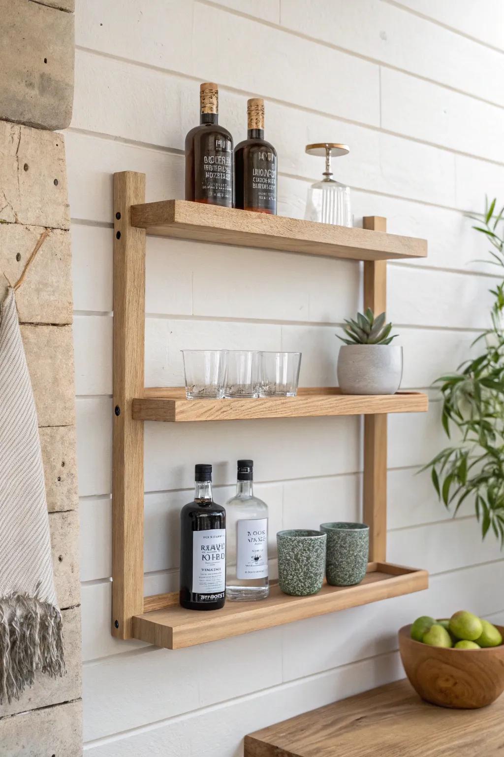 Three evenly spaced floating shelves for a built-in bar look—balanced, airy, and beautiful.