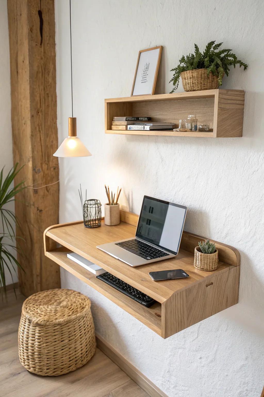 Floating shelf placed high above a work nook keeps your desk clear and calm—small-space magic.