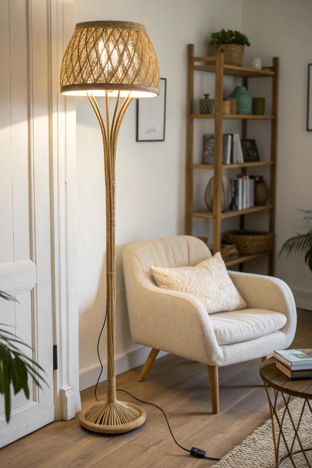 A slim woven-shade floor lamp creates a cozy mini reading nook without cluttering your space.