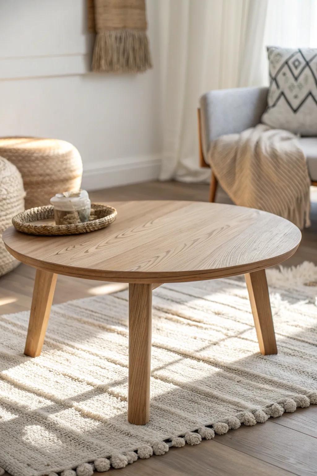 Low oak coffee table + cozy floor seating vibe—airy, minimal, and perfect for small spaces.