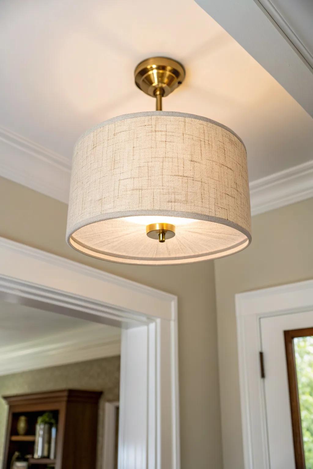 Linen drum flush mount: a polished, space-saving entry light with warm Scandinavian charm.