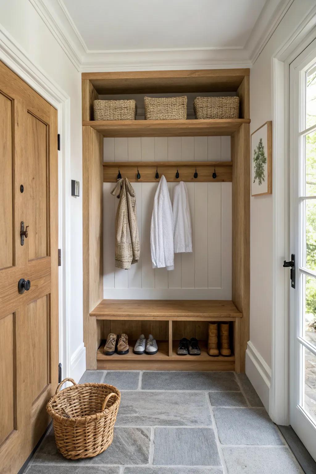 Remove closet doors for an airy mini-mudroom nook—no door swing, all calm Scandinavian style.