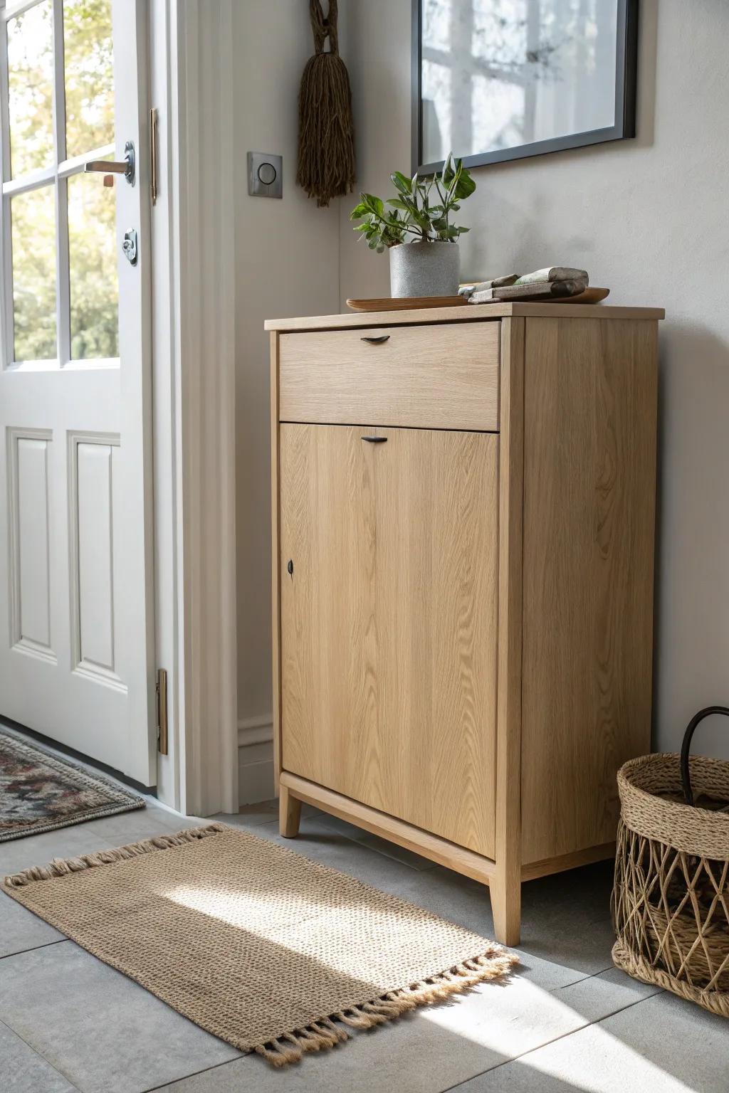 A slim tilt-out shoe cabinet that keeps tiny entryways calm, tidy, and visually wider.