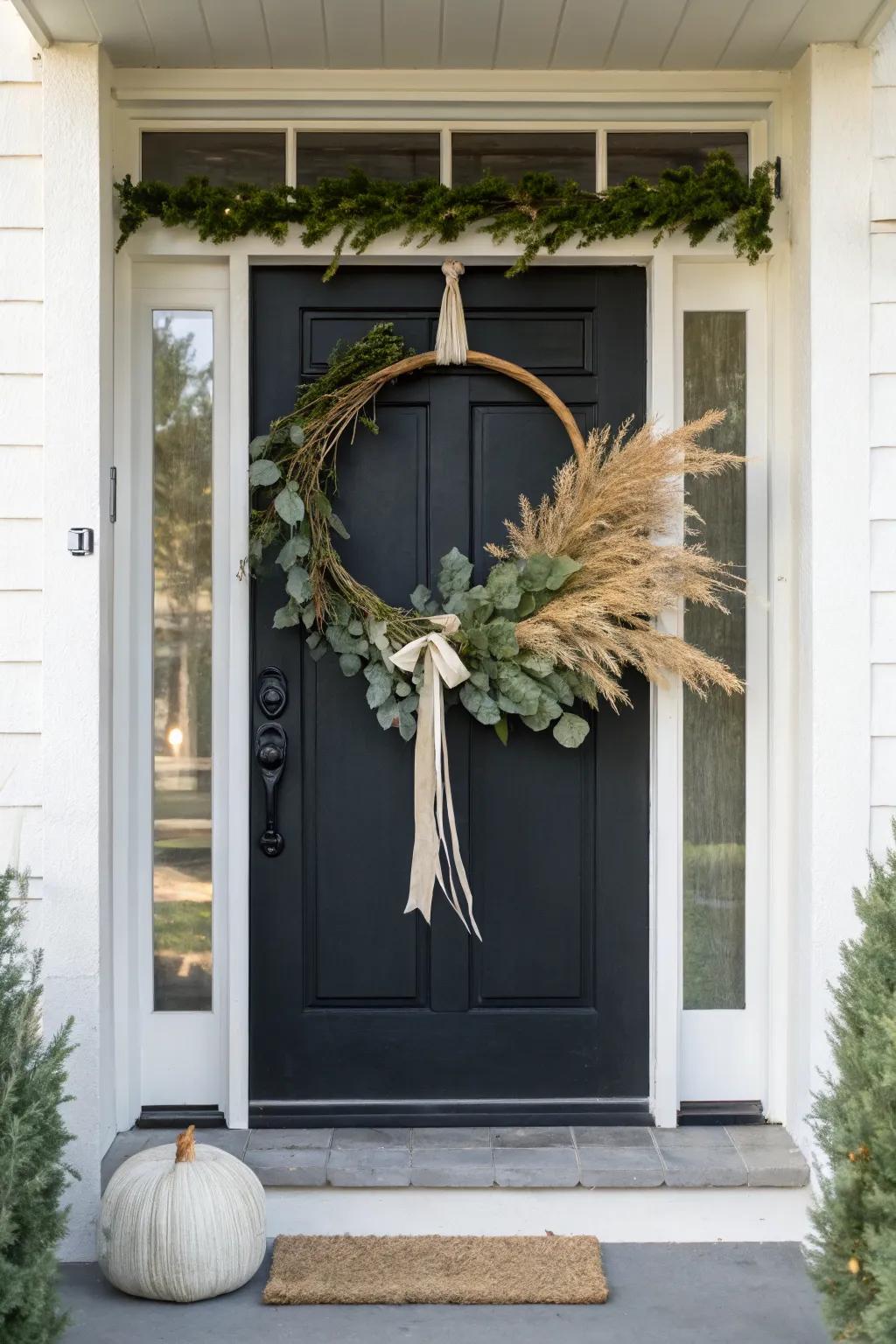 A bold, handcrafted wreath instantly elevates a tiny front stoop—seasonal style in minutes.