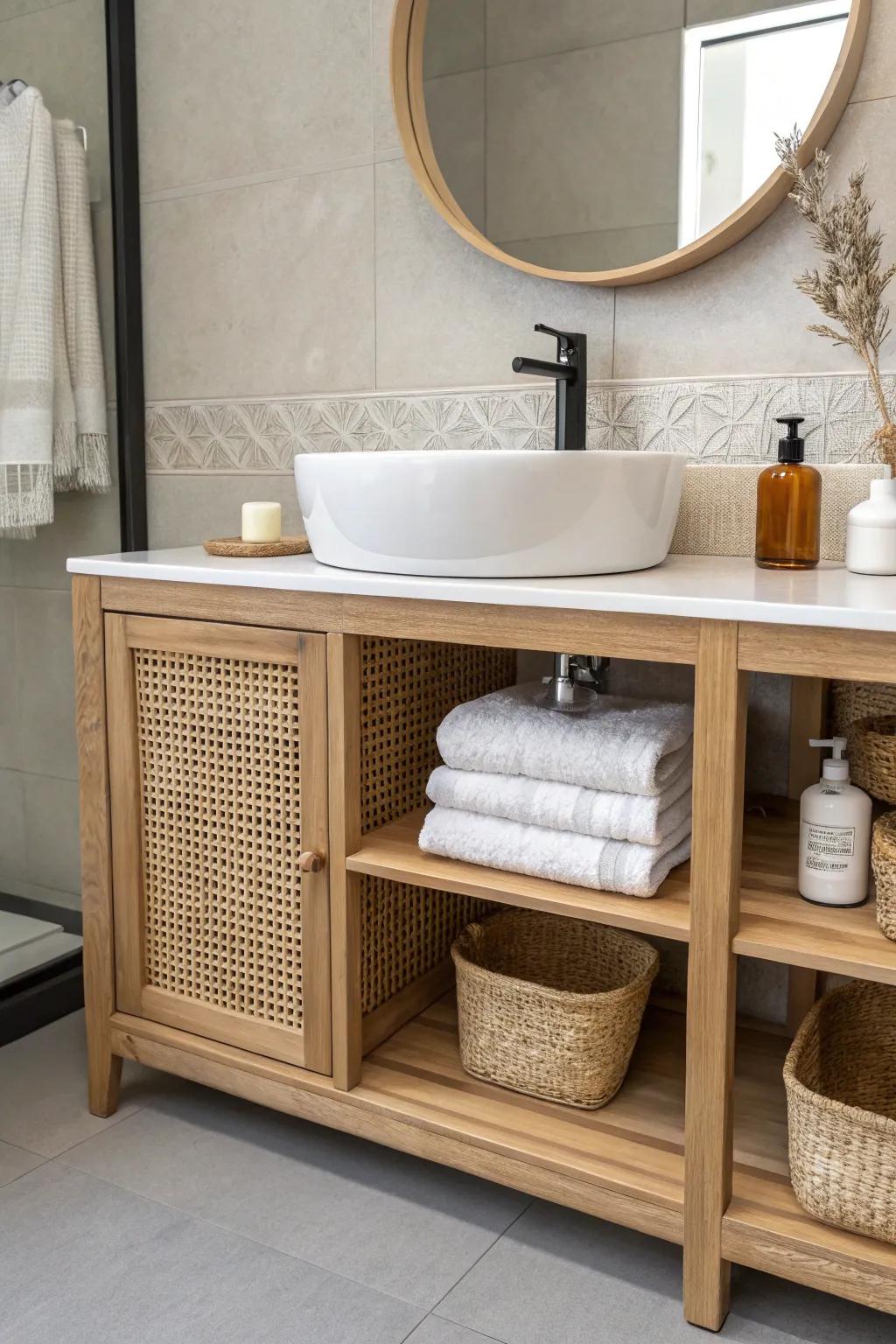 Double-sided vanity divider keeps a galley bathroom airy—sink on one side, storage on the other.