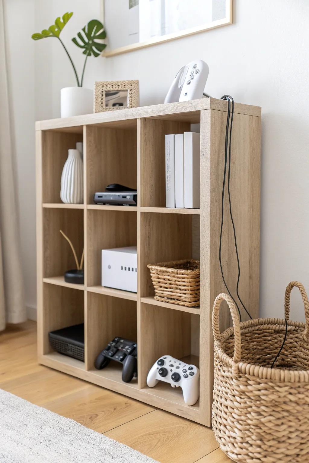 Cube shelf grid: one console per cubby, another for controllers—calm, clean small-space storage.