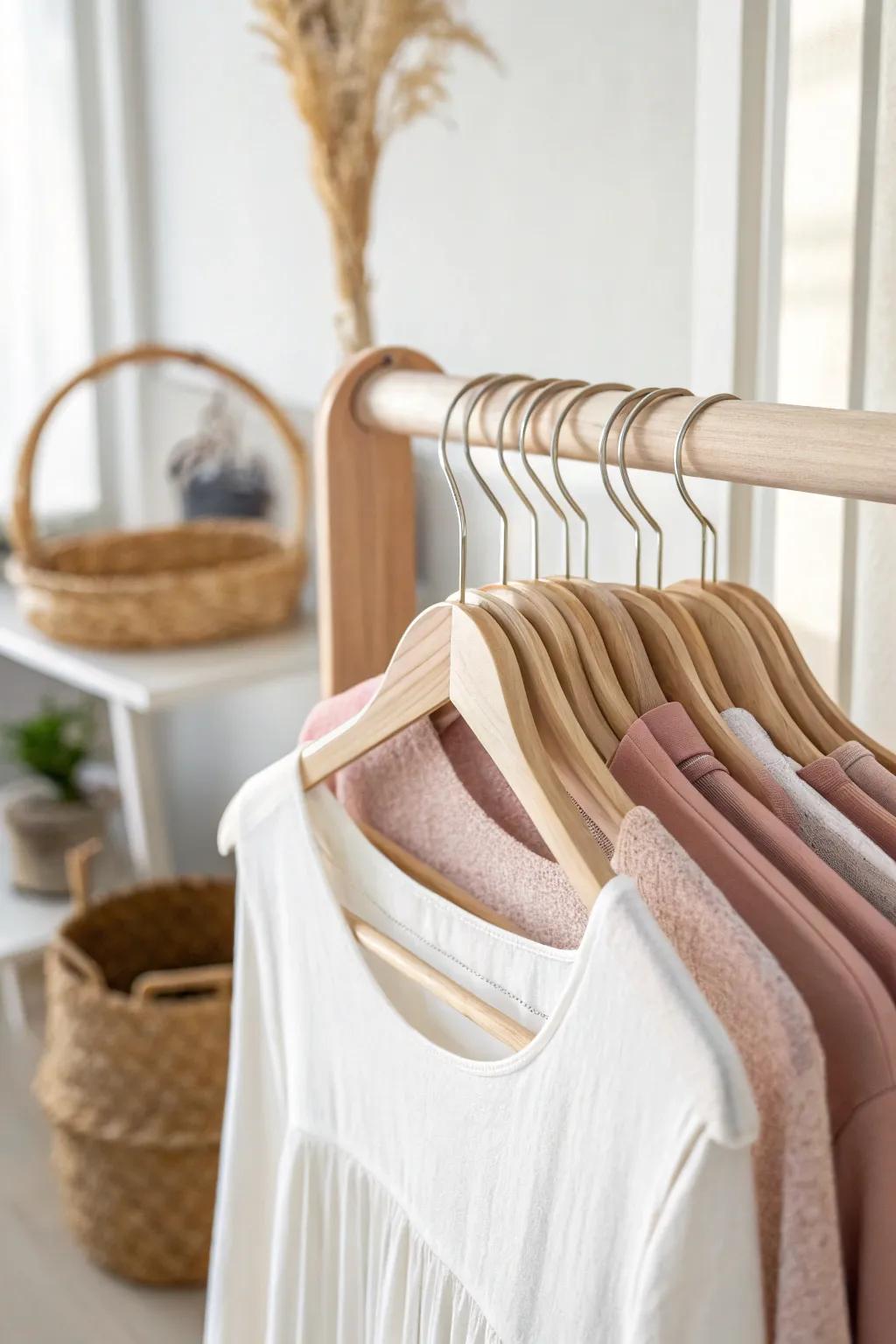 Matching slim hangers in blush velvet instantly calm a girl closet and save precious space.