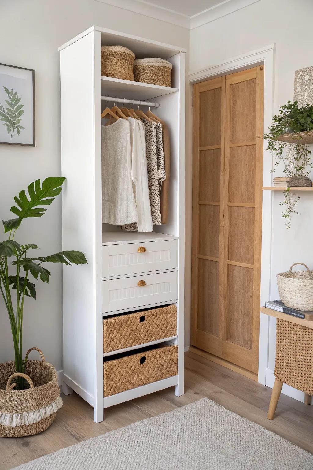 A classic center tower gives every item a home—even in the narrowest girl closet.