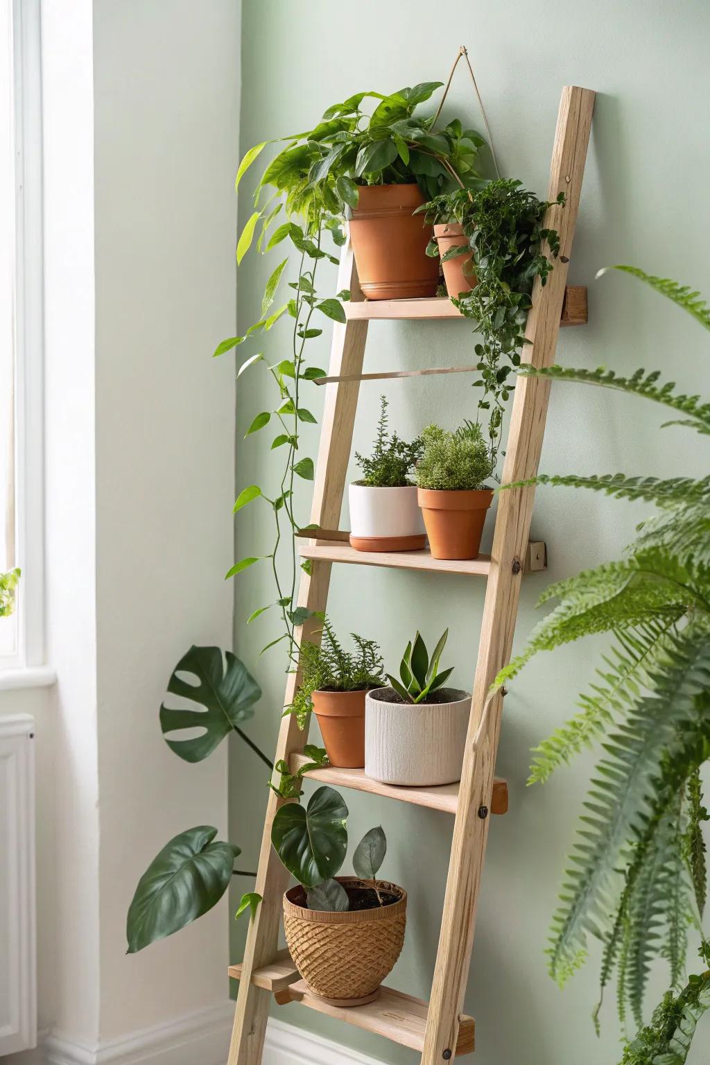 Staggered floating shelves make a slim green wall divider—bright, airy, and small-space friendly.