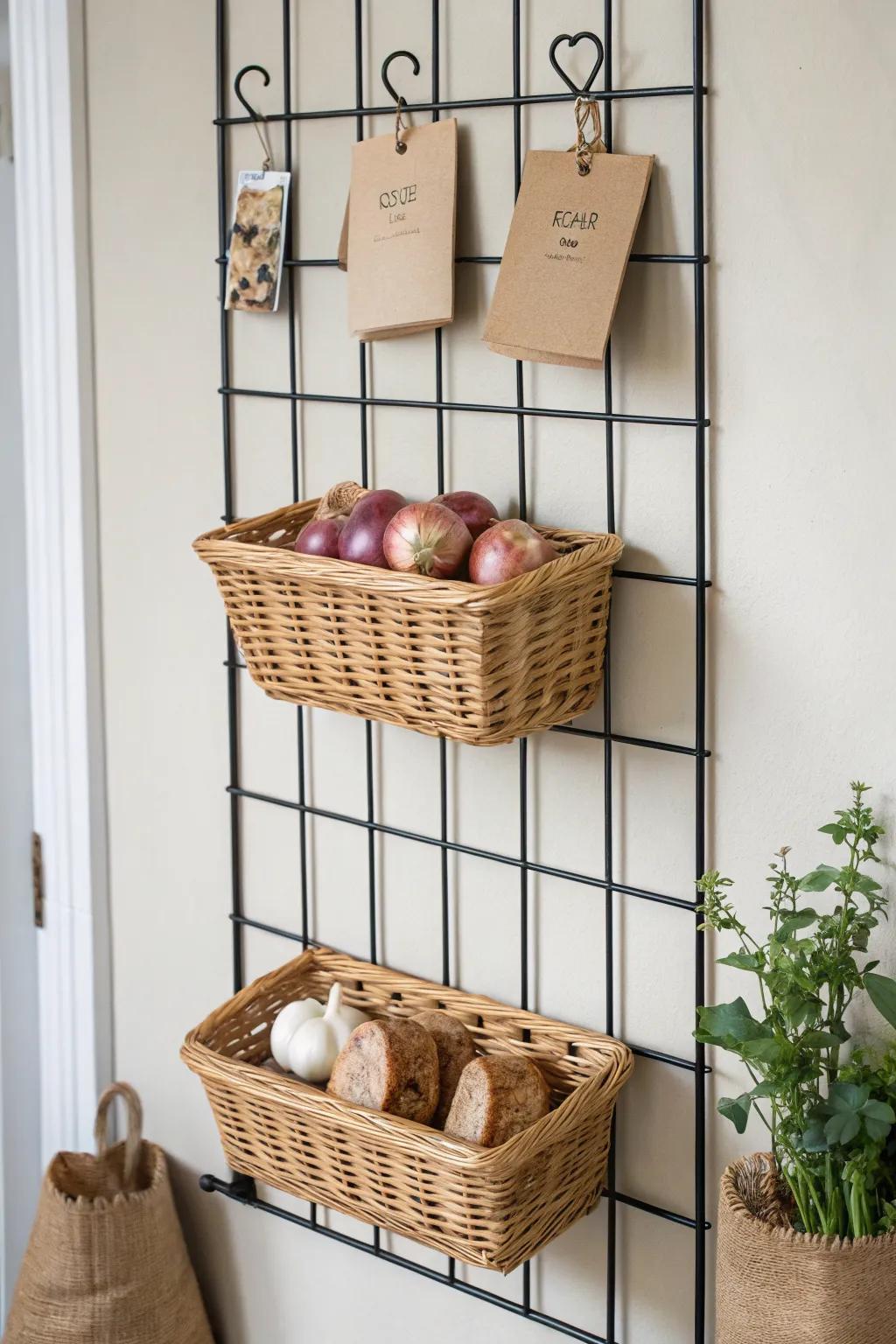 Pantry overflow solved: a labeled grid wall with hanging baskets for snacks, onions, and garlic.