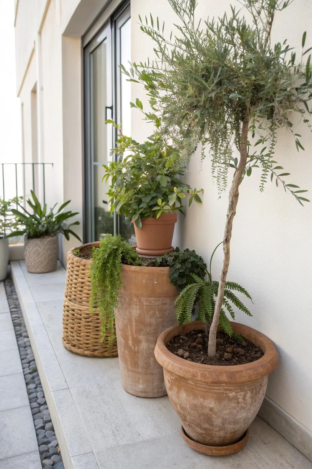 Create a secret‑garden edge with three-height pots—lush greenery, zero lost floor space.