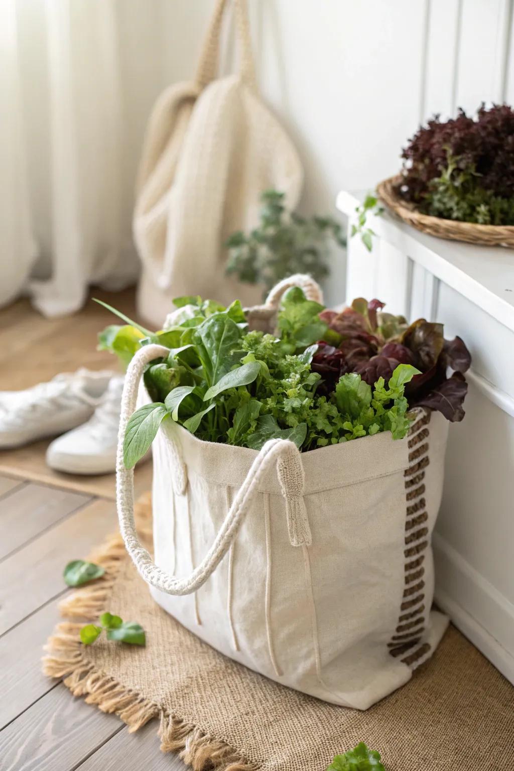 Snip fresh greens anytime—one wide grow bag gives endless cut‑and‑come‑again salads.