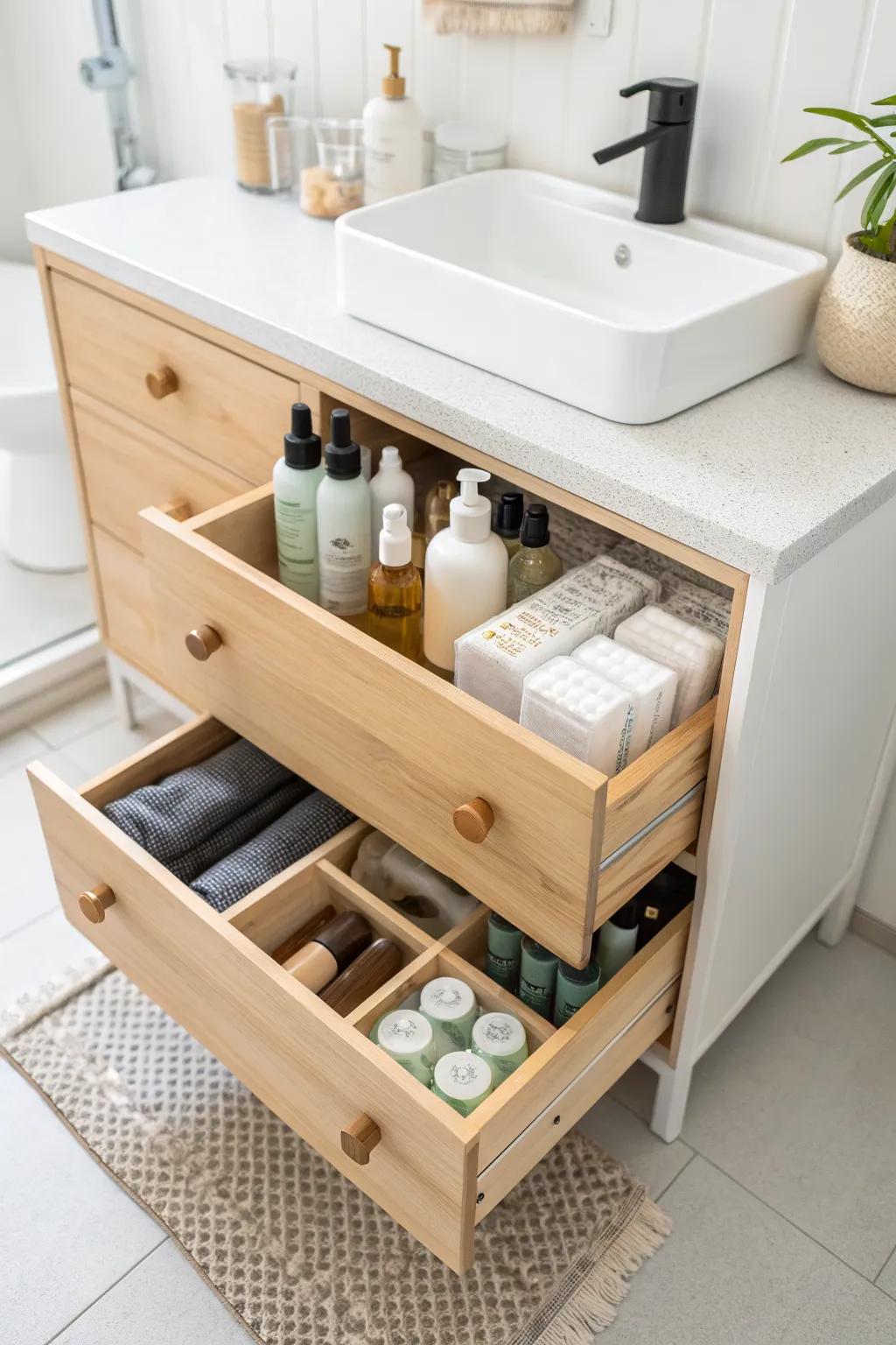 Stackable under-sink drawers keep hair product backups tidy—even in the tiniest bathroom.