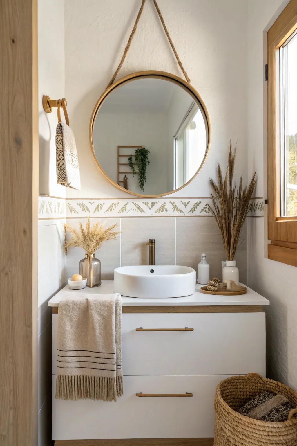 A budget-friendly swap: a round mirror instantly softens and elevates a small half bath.