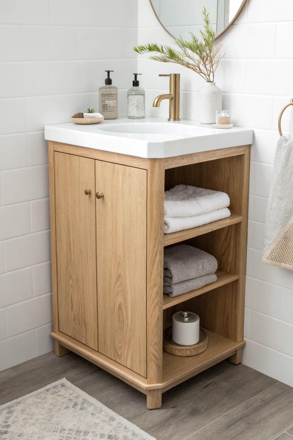 A triangular corner vanity turns awkward “dead space” into a beautiful, functional sink zone.