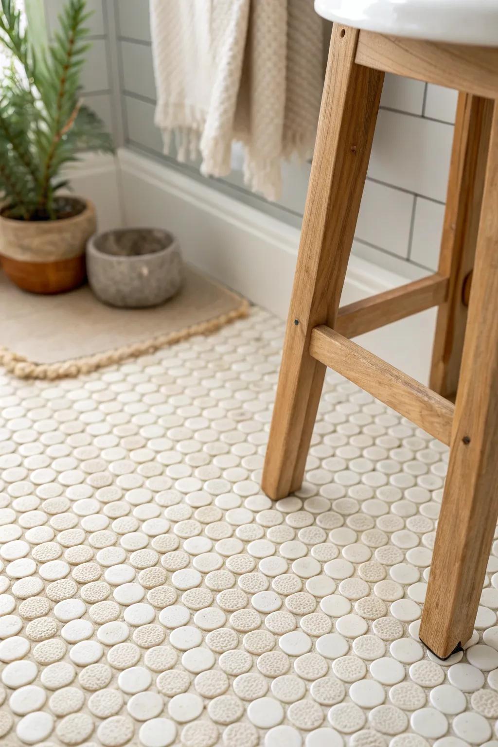 Penny round tile + deeper greige grout for a boutique half bath floor with subtle pattern.