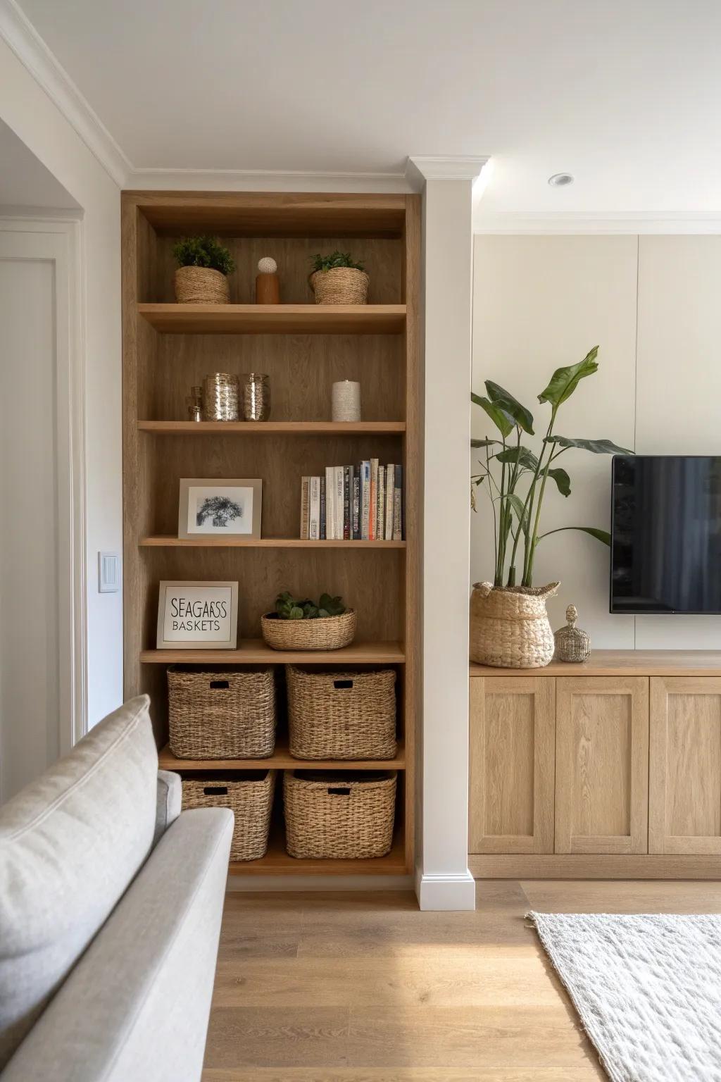 Built-in half-wall shelves with matching baskets and cookbooks for a calm, clutter-free look.