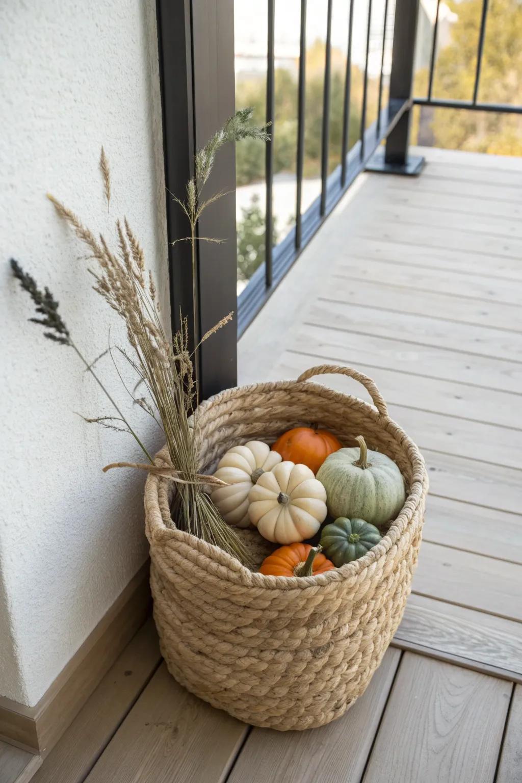 One-corner pumpkin cluster: big Halloween mood for a tiny balcony, with the walkway kept clear.