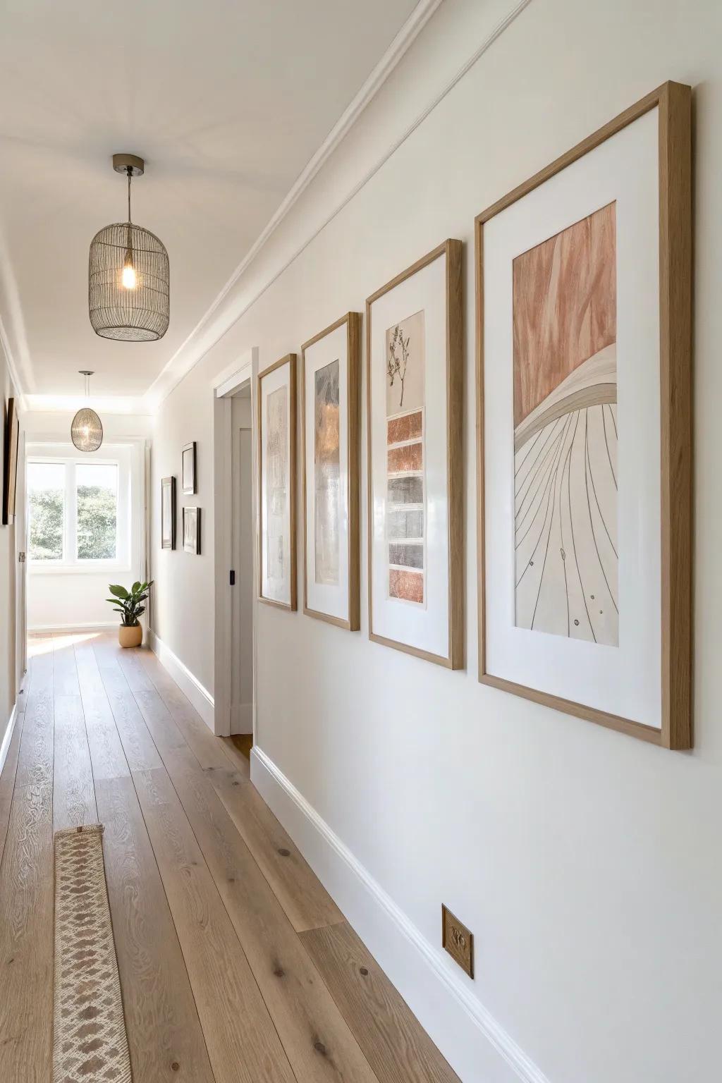 A balanced triptych in a row adds symmetry and makes a narrow hallway feel longer.
