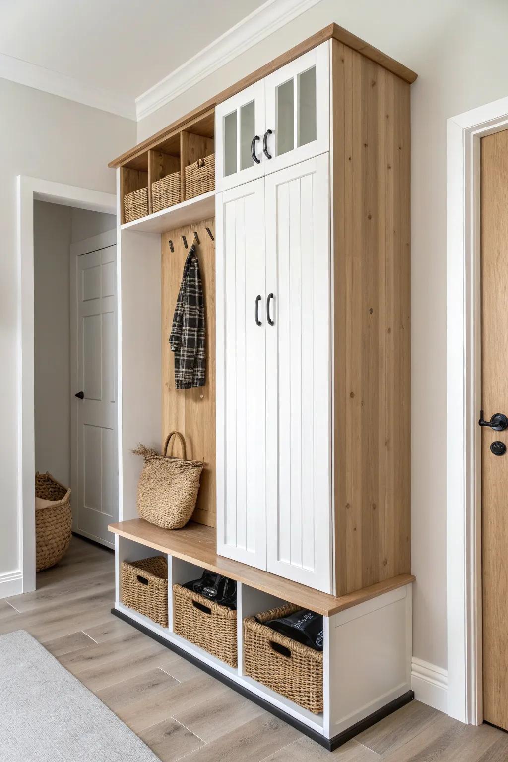 Locker-style cabinet wall: tall storage + hooks + cubbies for a calm, grab-and-go entry