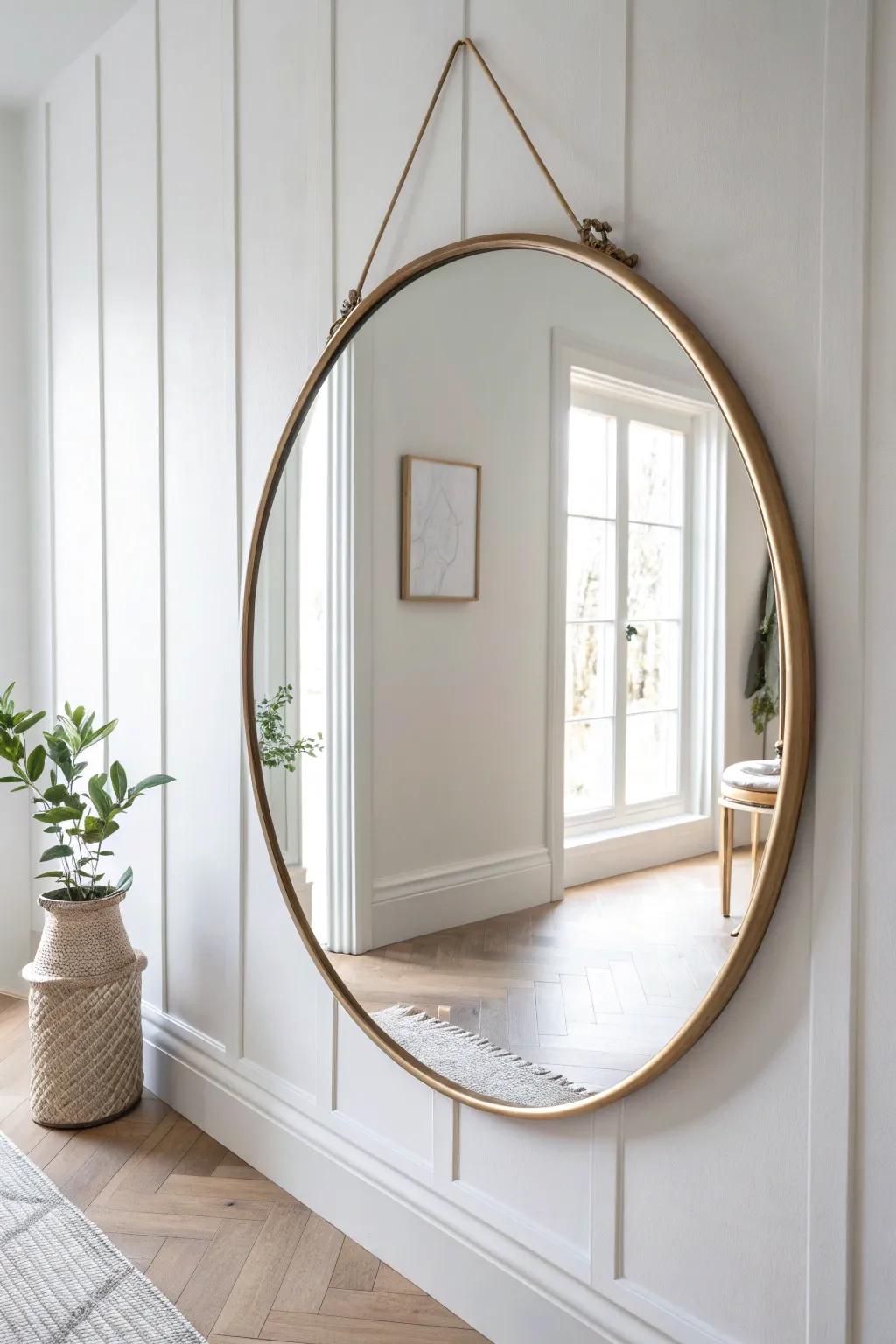 A round mirror that catches nearby daylight to instantly brighten and widen a narrow hallway.
