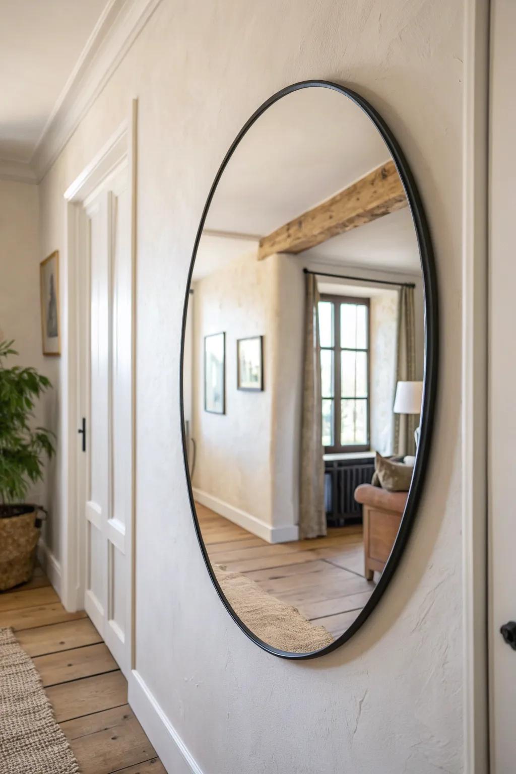 A big round mirror reflects light, making a narrow hallway entrance feel wider and brighter.
