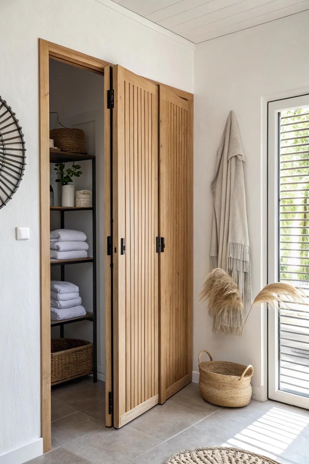 Light oak bi-fold doors open wide—easy laundry access without crowding a narrow hallway.