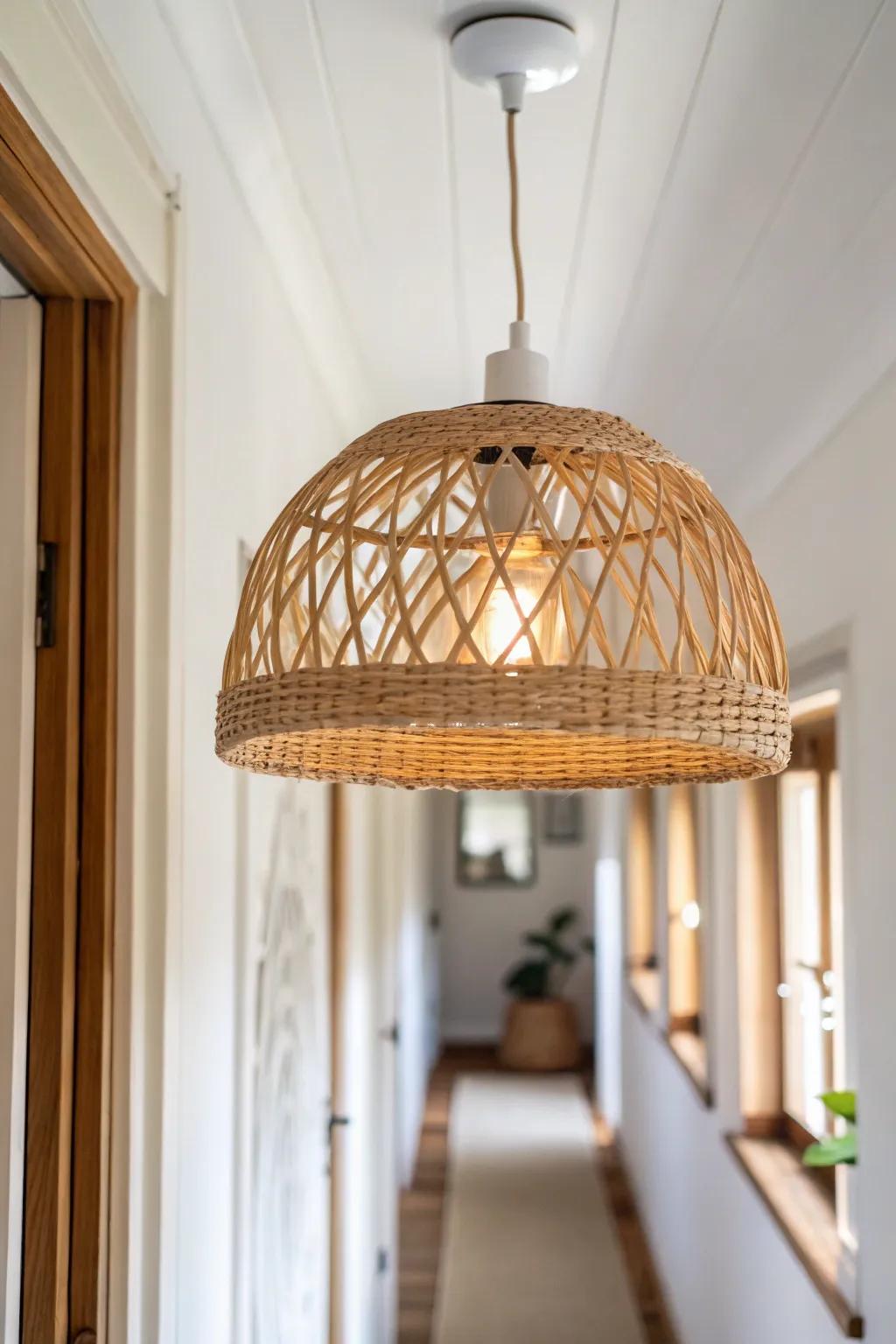 Repeat matching ceiling lights to add rhythm and make a long hallway feel custom.