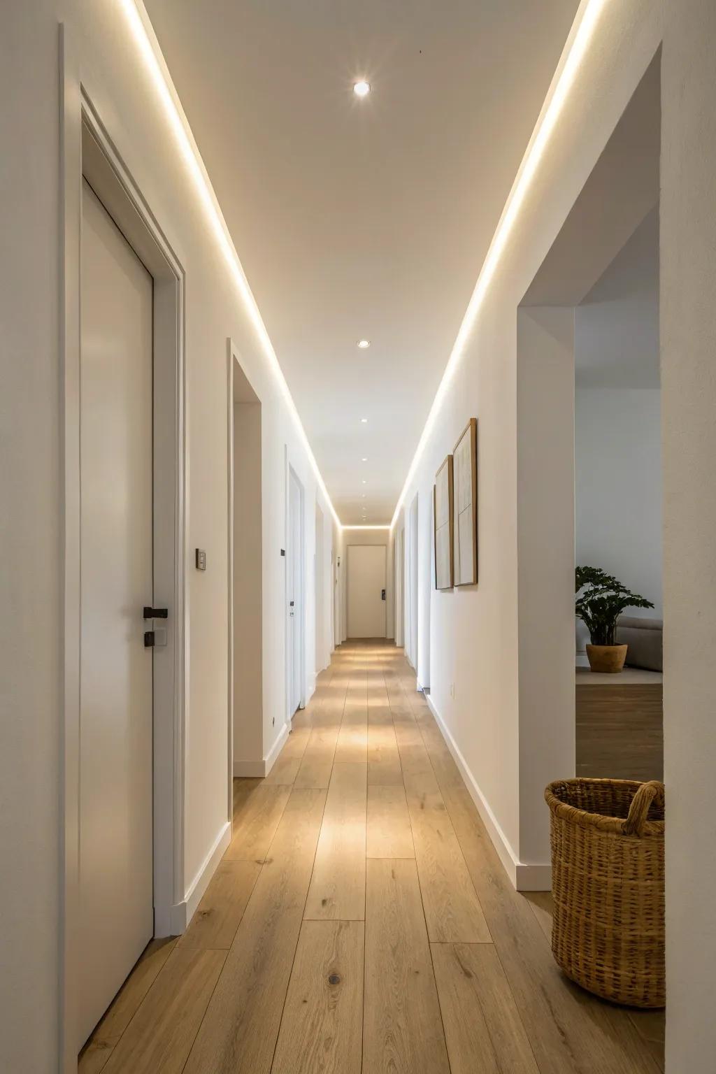 A clean straight line of recessed lights makes a long hallway feel brighter—and beautifully streamlined.