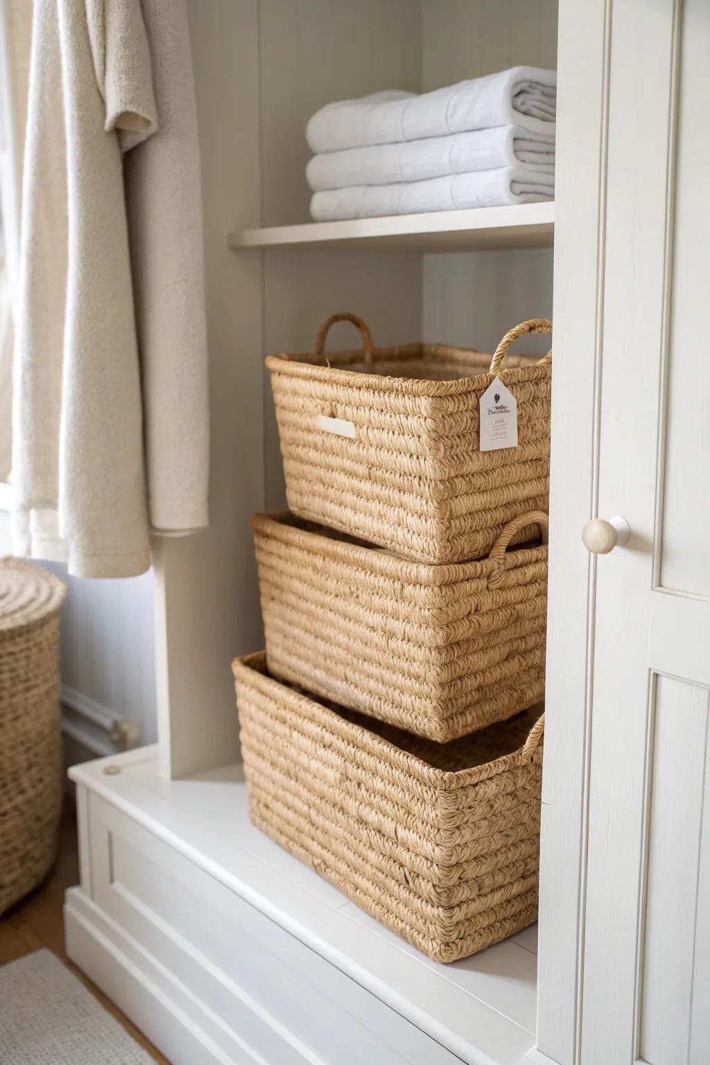 Matching baskets instantly calm a hallway linen closet and hide clutter with style.
