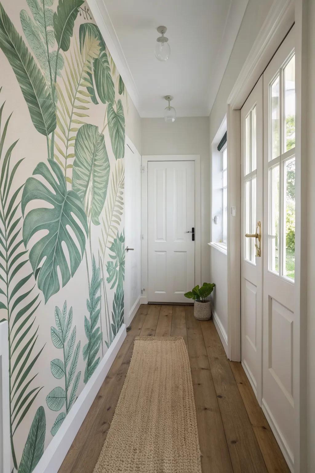 Oversized leafy mural adds soft color and style to a small hallway—classic, calm, and clutter-free.
