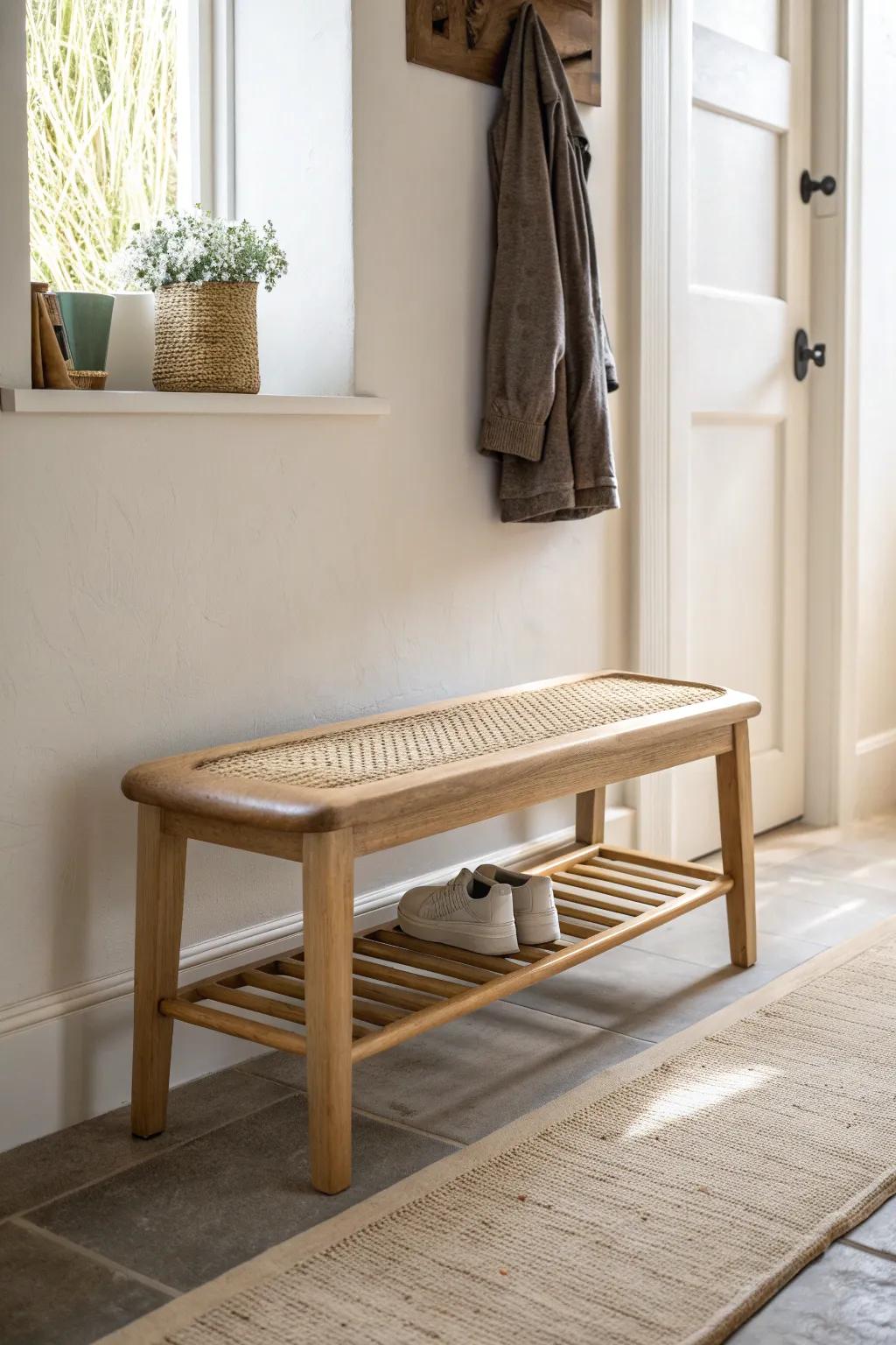 A slim oak shoe bench nook that keeps tight hallways clear—minimal, warm, and beautifully crafted.