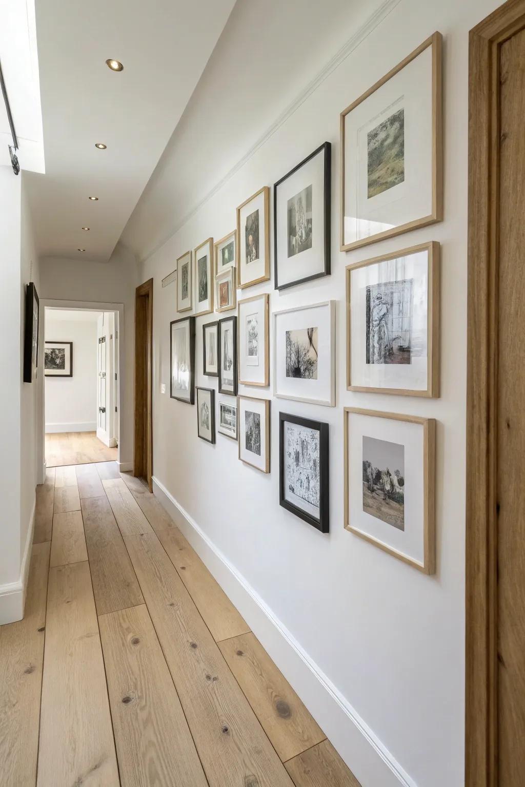 Organic gallery mix: lay frames out first for a relaxed, collected-over-time hallway wall.